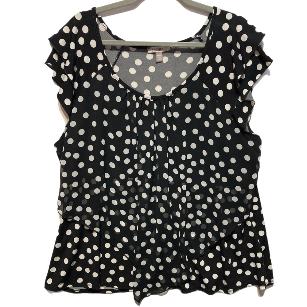 EUC Roz & Ali 3x Black White Polka Dot Flutter Sleeve Blouse 11087